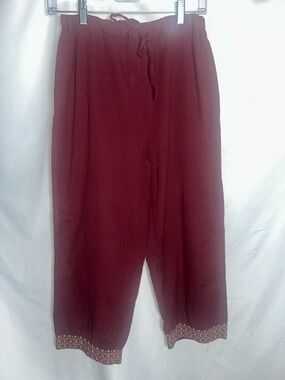 Source Unknown Burgundy Cropped Drawstring Pants with Embroidered Hem